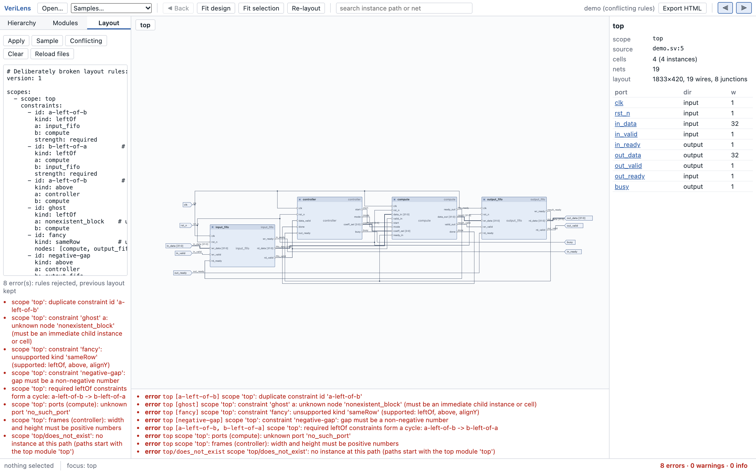 Layout tab showing validation errors for the conflicting sample