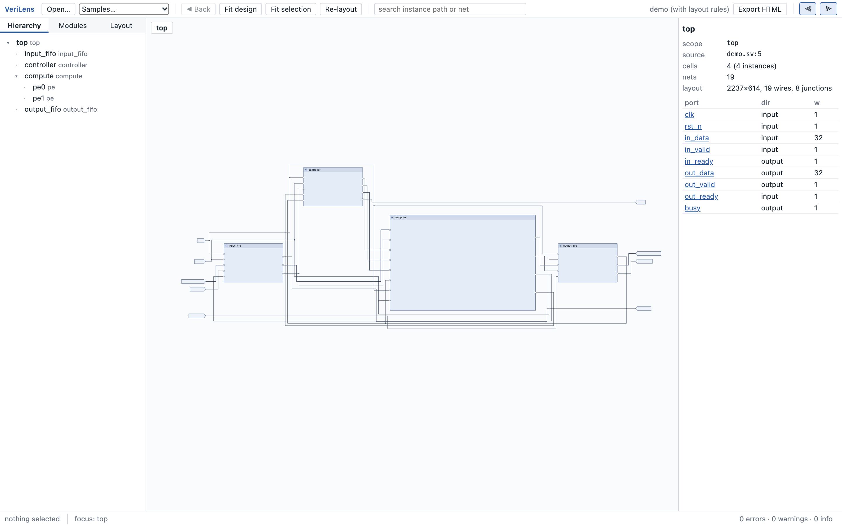 VeriLens viewer showing the demo design